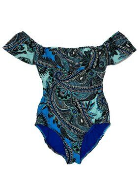 Jantzen blue paisley off shoulder one 1 piece swimsuit Swim Womens 12
